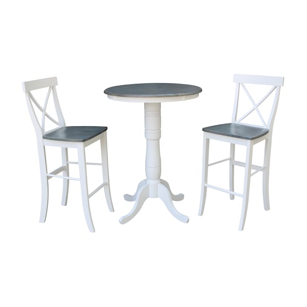 International Concepts Round 30 in Rd Pedestal Bar Ht Table, 2 X-Back Bar Ht Stools, White/Heather Gray, 30 in W, 30 in L K05-30RT-6B-S6133-2 - main